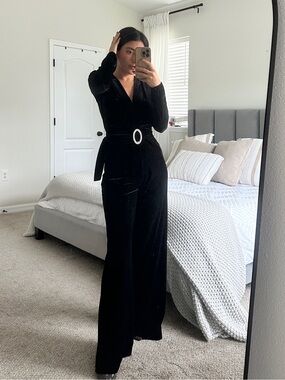 Mango Black Velvet Long-Sleeve Wrap Dress with Rhinestone Oval Buckle
